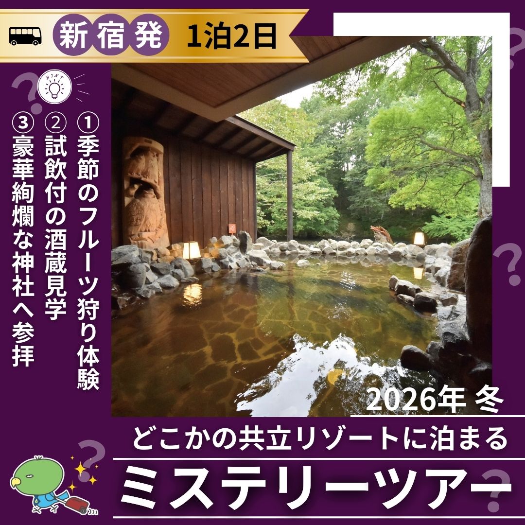 【新宿発】客室温泉露天風呂付!?デラックスグレード以上のホテルに17時間滞在！ミステリーツアー